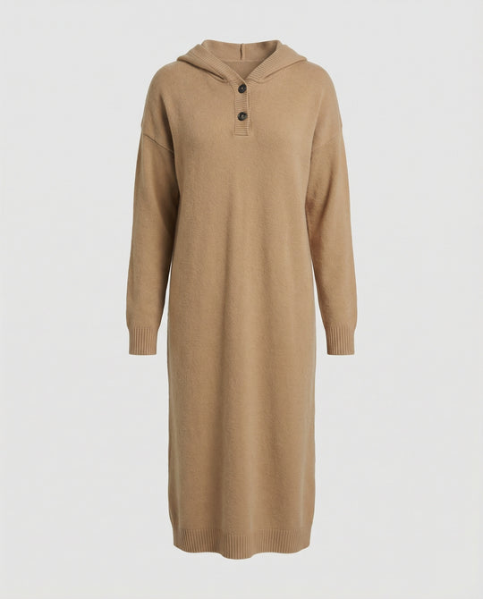 Damen Hoodie-Kleid aus weichem Strickmaterial mit Knopfleiste und Kapuze R&B