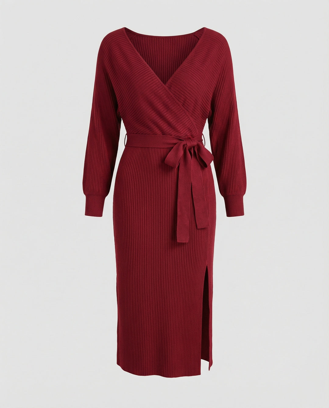 Damen Strickkleid mit elegantem Wickeldesign und dekorativem Gürtel R&B