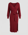 Damen Strickkleid mit elegantem Wickeldesign und dekorativem Gürtel R&B