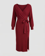 Damen Strickkleid mit elegantem Wickeldesign und dekorativem Gürtel R&B