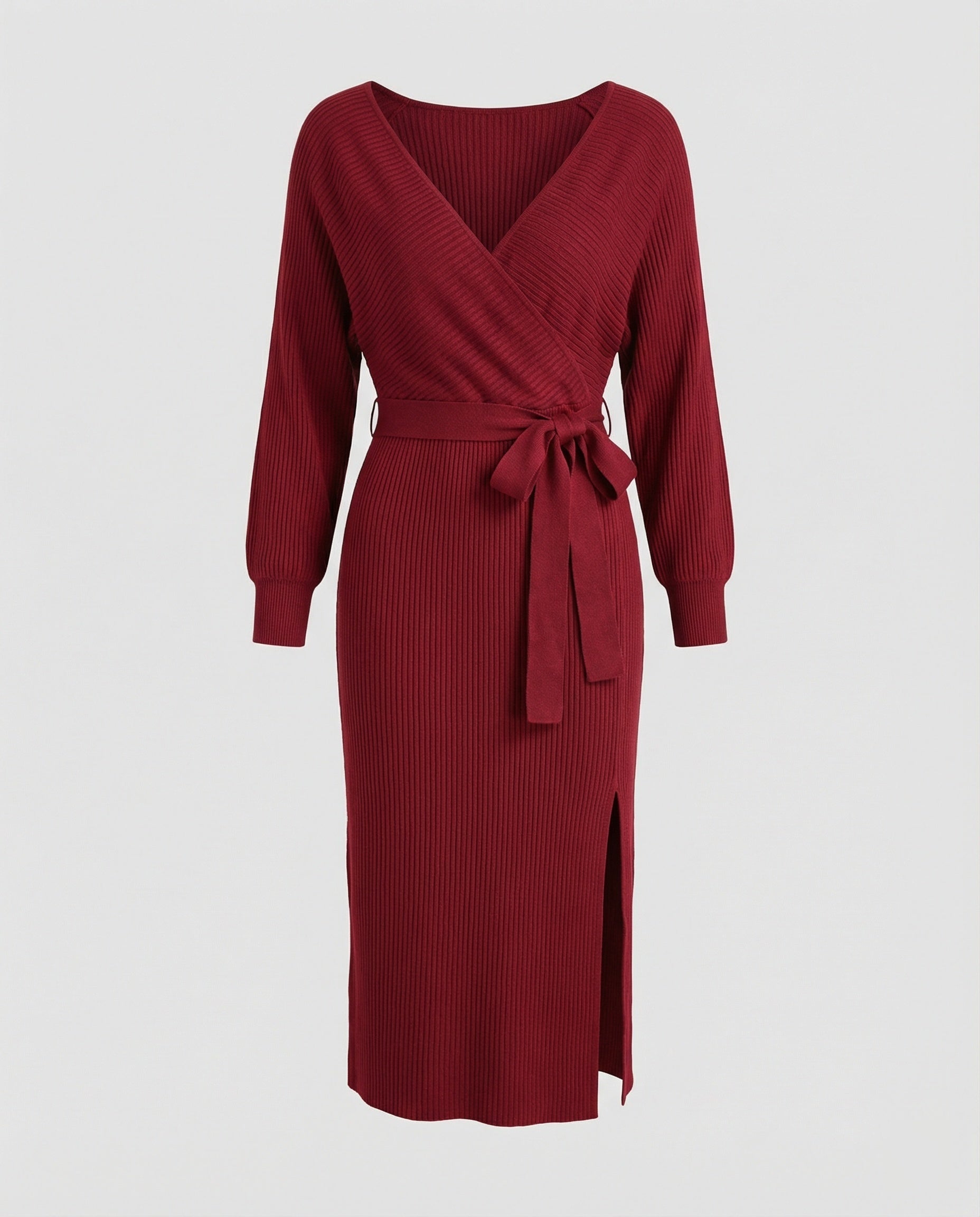 Damen Strickkleid mit elegantem Wickeldesign und dekorativem Gürtel R&B
