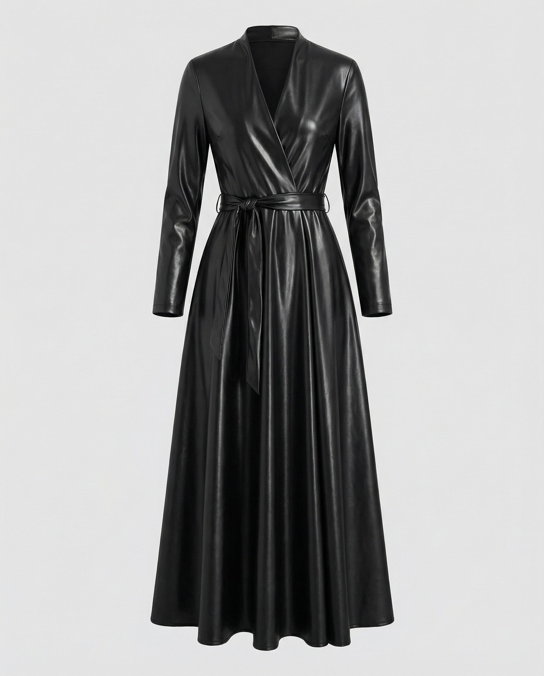 Damen Maxikleid Kunstleder Wickeloptik