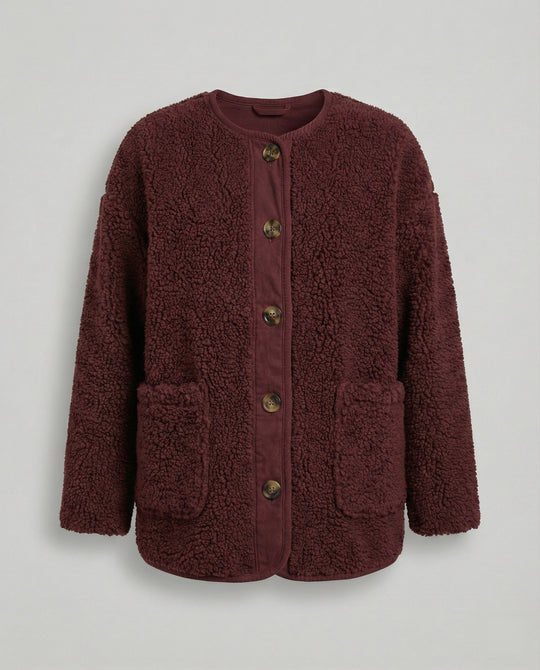 R&B | Damen Warme Winterjacken - Lässige Langarm Button-up Fleecejacke aus Sherpa