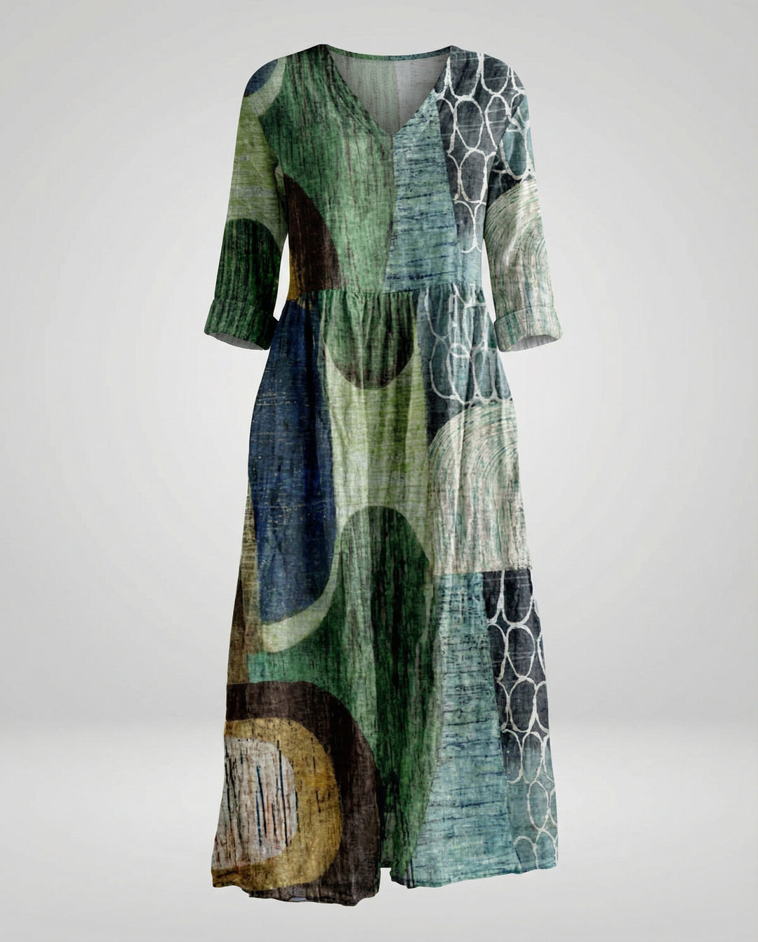 Damen Maxikleid Sommer Leinenoptik V-Ausschnitt