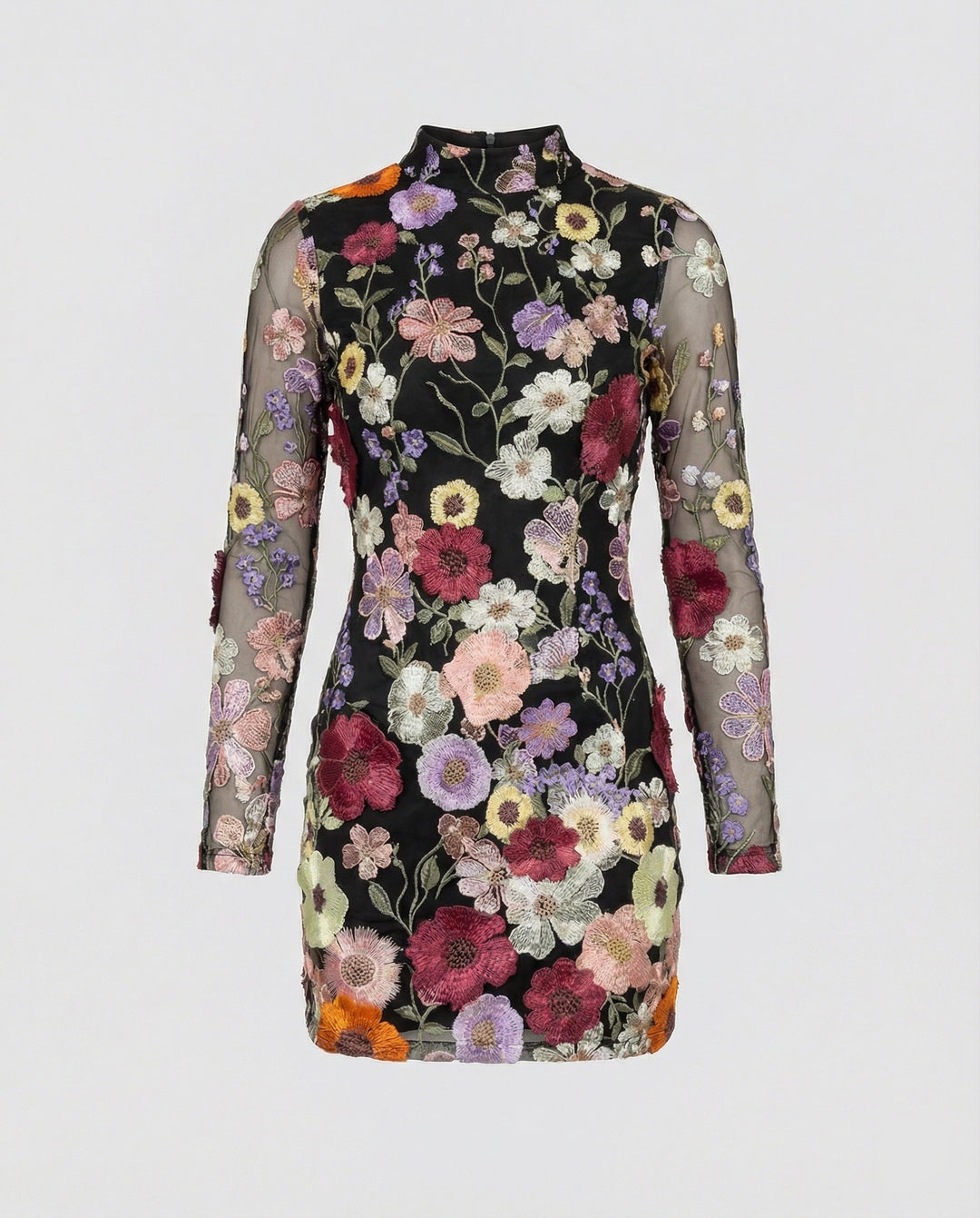 Minikleid mit floralen Applikationen und durchscheinender Optik