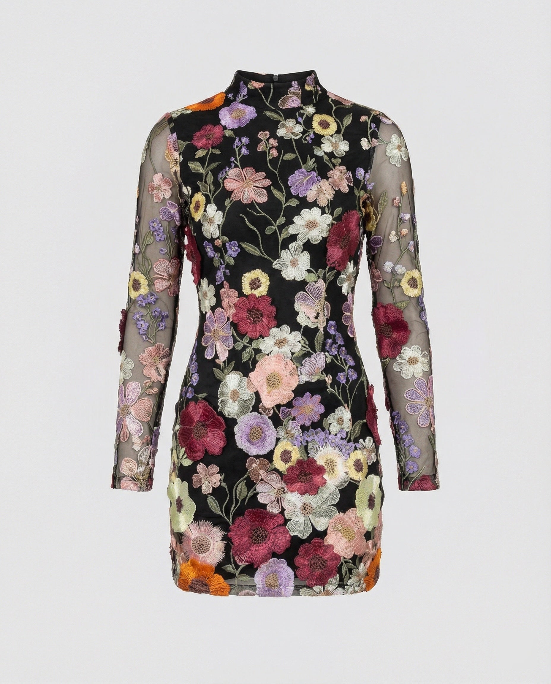 Minikleid mit floralen Applikationen und durchscheinender Optik