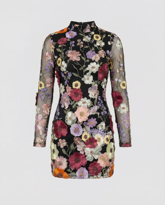 Minikleid mit floralen Applikationen und durchscheinender Optik
