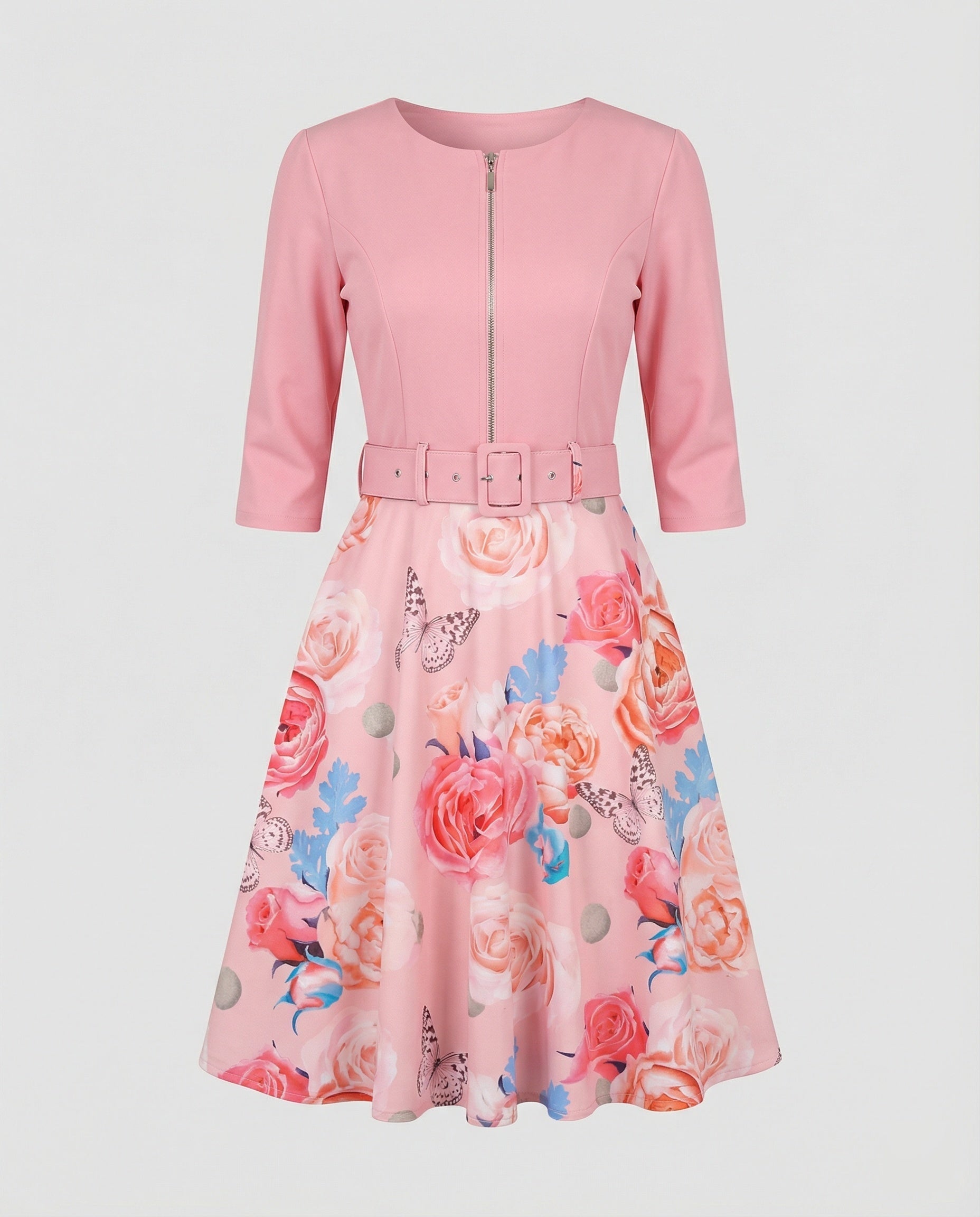 Damen A-Linien Kleid mit tailliertem Gürtel und floralem Muster R&B