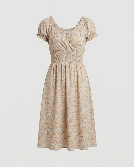 Damen Midikleid gesmokt mit Puffärmeln