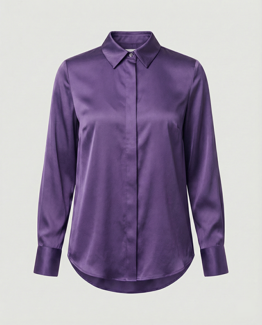 Damen elegante Satinbluse mit klassischem Kragen und zeitlosem Schnitt R&B