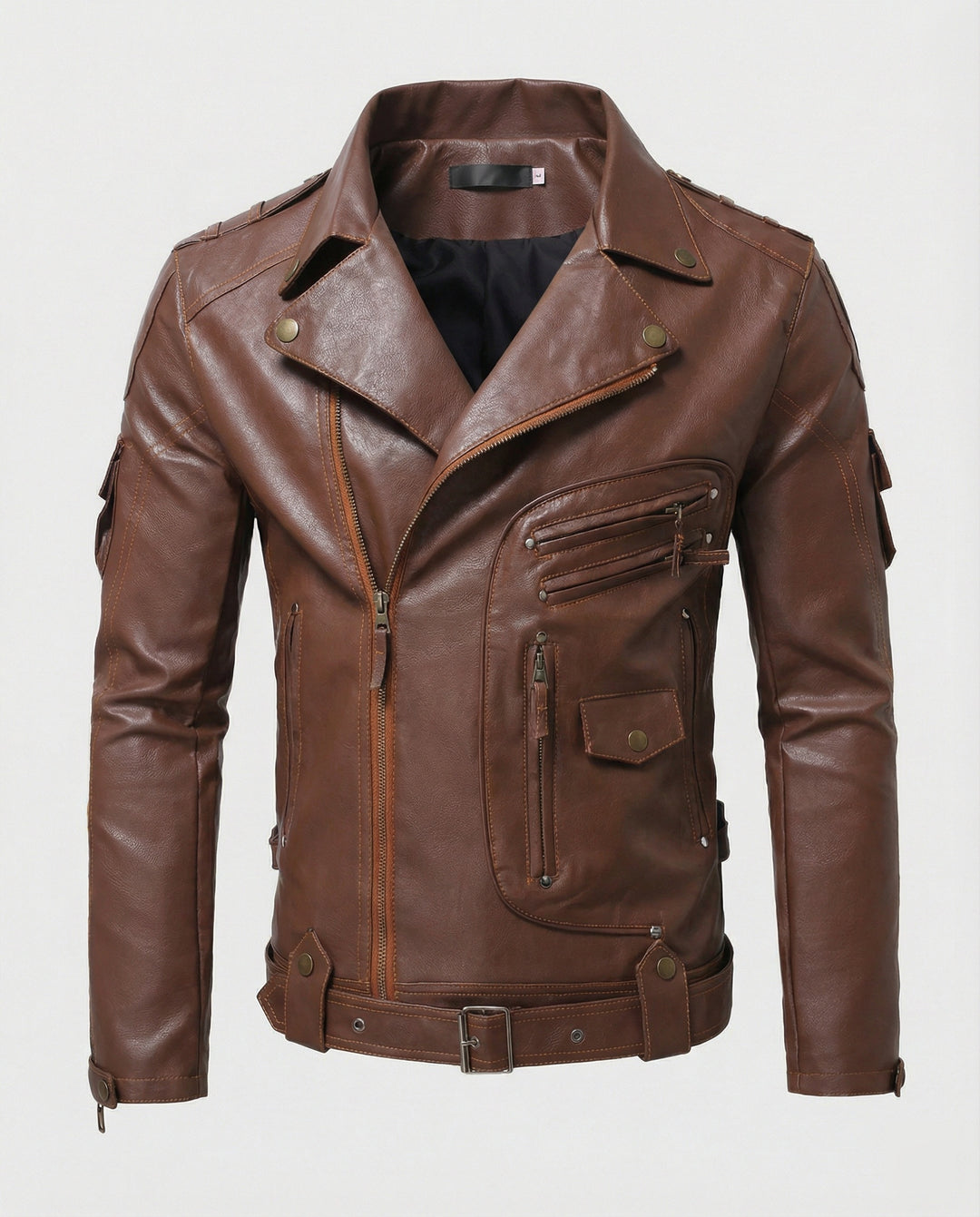 Herren Lederjacke mit asymmetrischem Reißverschluss und Taschen