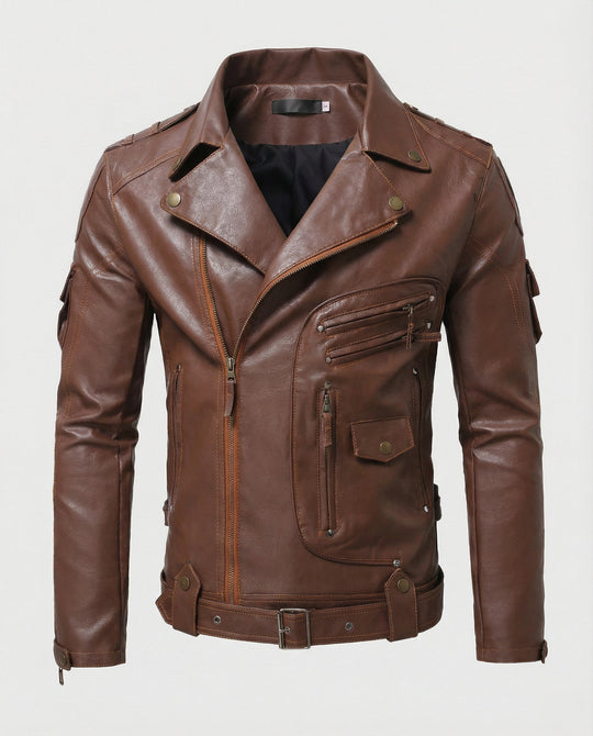 Herren Lederjacke mit asymmetrischem Reißverschluss und Taschen