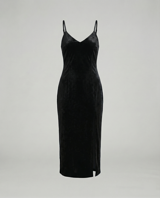 Damen Samt-Midi-Kleid mit tiefem V-Ausschnitt und seitlichem Schlitz R&B
