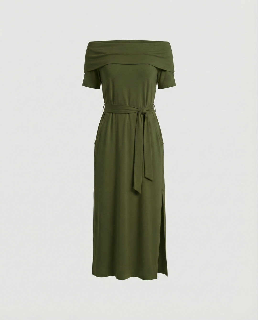 Damen Off-Shoulder Maxikleid mit Taillengürtel und seitlichem Schlitz R&B