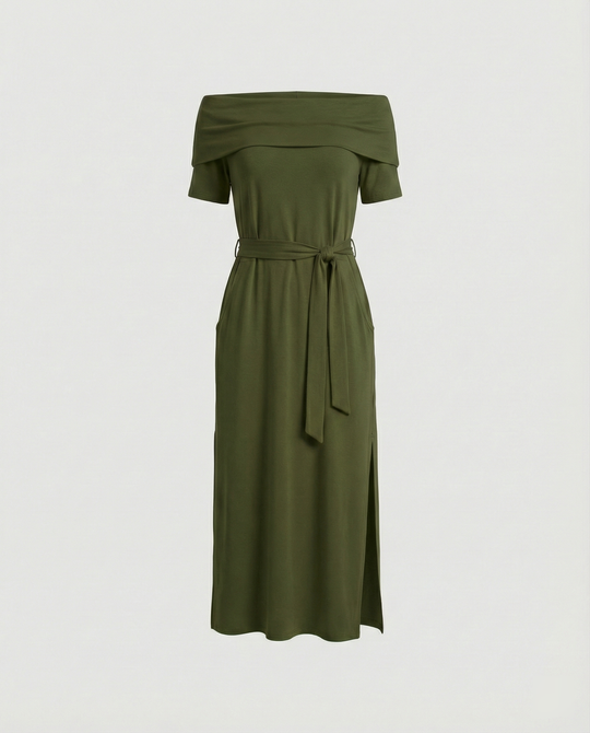 Damen Off-Shoulder Maxikleid mit Taillengürtel und seitlichem Schlitz R&B