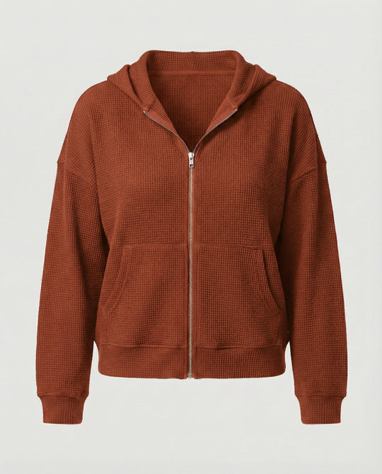 Damen lässige Waffle-Hoodie Jacke mit Reißverschluss R&B