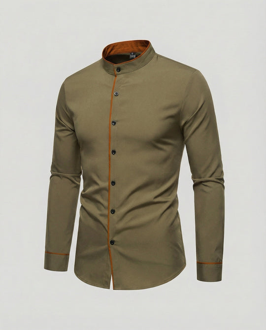 Herren elegantes Langarmhemd mit modernem Stehkragen und Kontrastnähten R&B