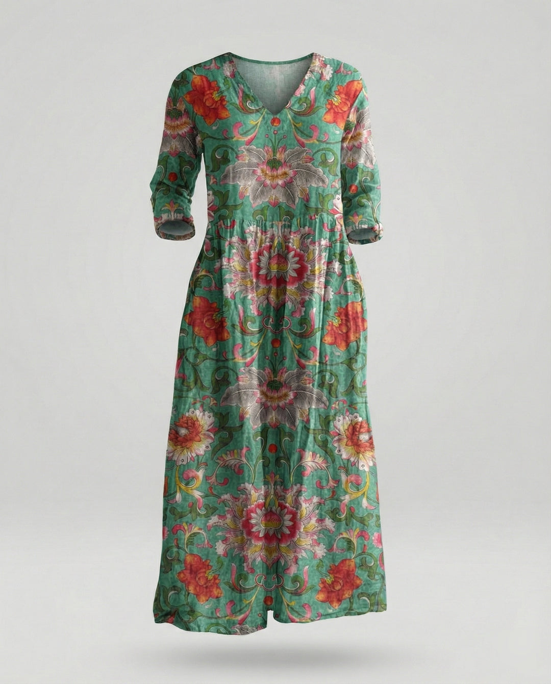 Damen Maxikleid Sommer Leinenoptik V-Ausschnitt