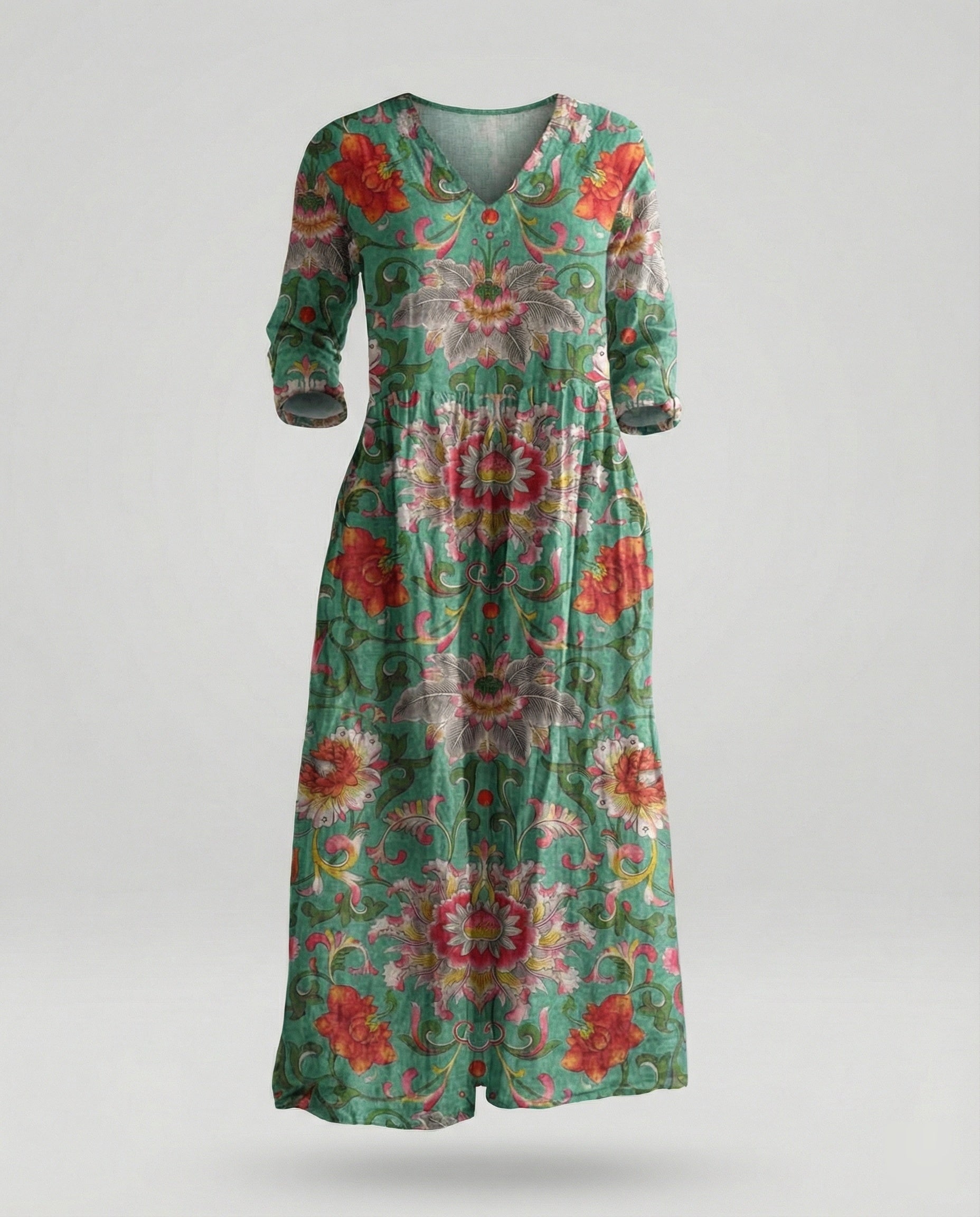 Damen Maxikleid Sommer Leinenoptik V-Ausschnitt