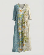 Damen Maxikleid Sommer Leinenoptik V-Ausschnitt