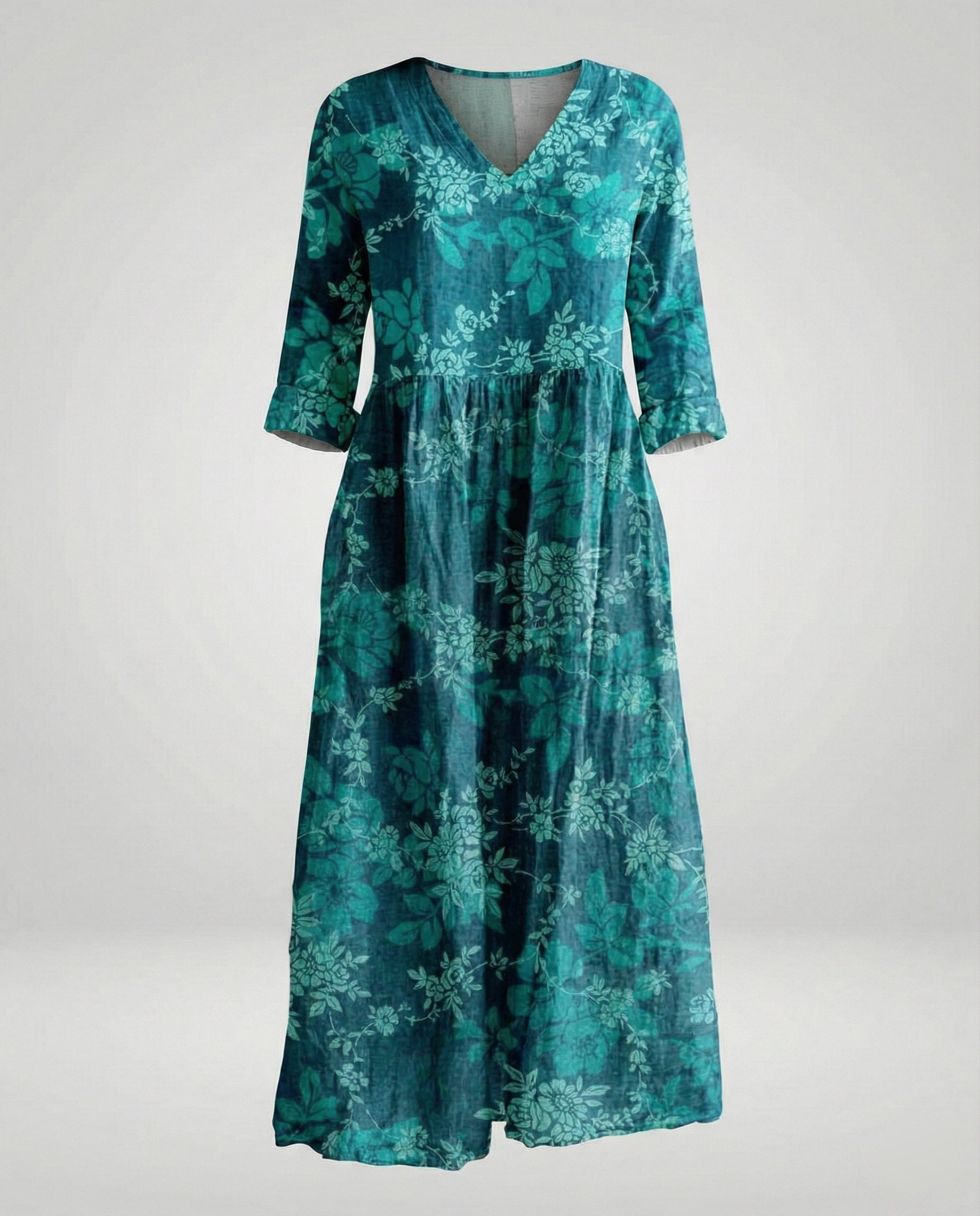 Damen Maxikleid Sommer Leinenoptik V-Ausschnitt