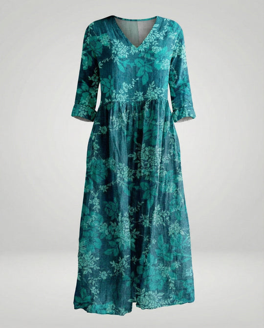 Damen Maxikleid Sommer Leinenoptik V-Ausschnitt