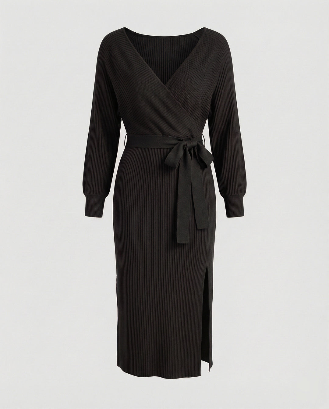 Damen Strickkleid mit elegantem Wickeldesign und dekorativem Gürtel R&B