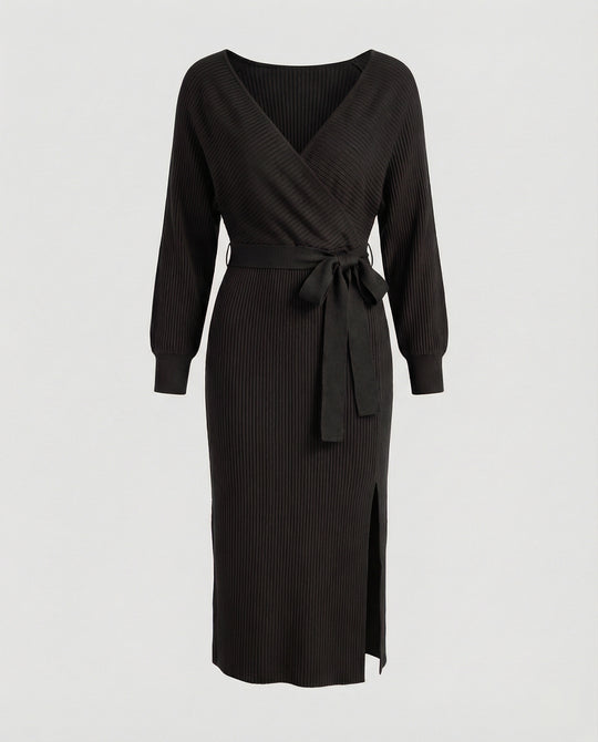 Damen Strickkleid mit elegantem Wickeldesign und dekorativem Gürtel R&B