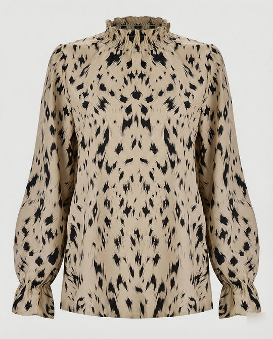 Damen elegante Bluse mit Rüschensaum und stilvollem Tiermuster R&B