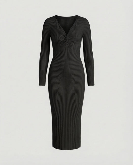 Damen figurbetontes langärmliges Strickkleid mit Knoten-Detail R&B