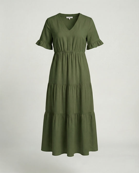 Damen Midikleid Stufen mit Volant