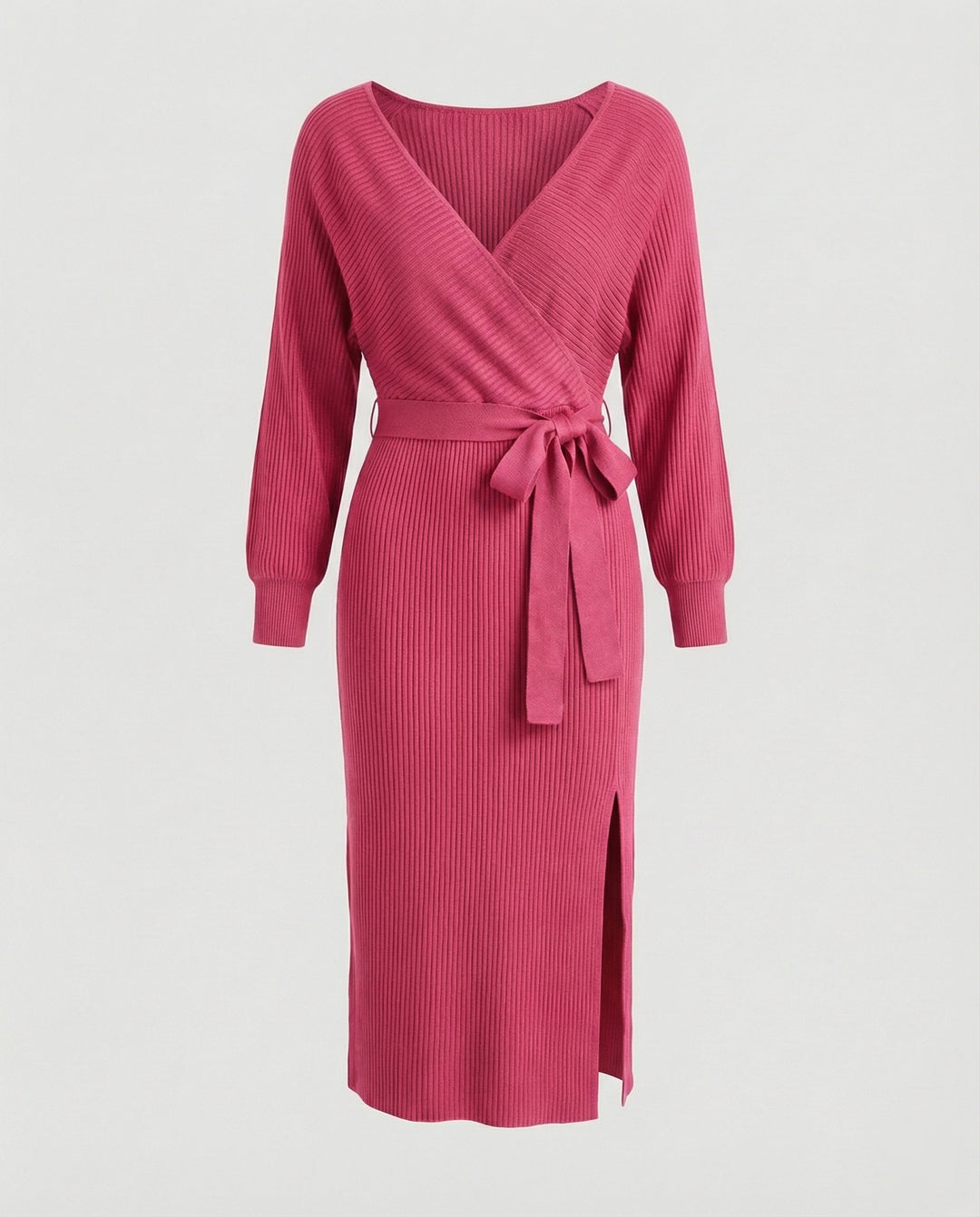 Damen Strickkleid mit elegantem Wickeldesign und dekorativem Gürtel R&B