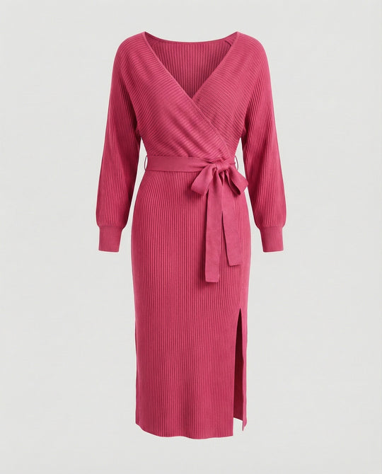 Damen Strickkleid mit elegantem Wickeldesign und dekorativem Gürtel R&B