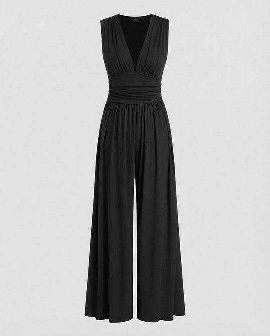 Damen Jumpsuit mit schickem V-Ausschnitt und weitem Bein R&B