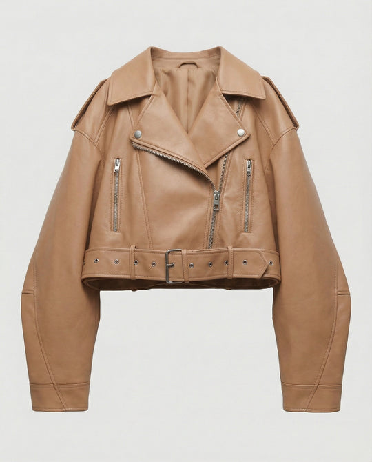 Damen Lederjacke Schwarz mit Gürtel
