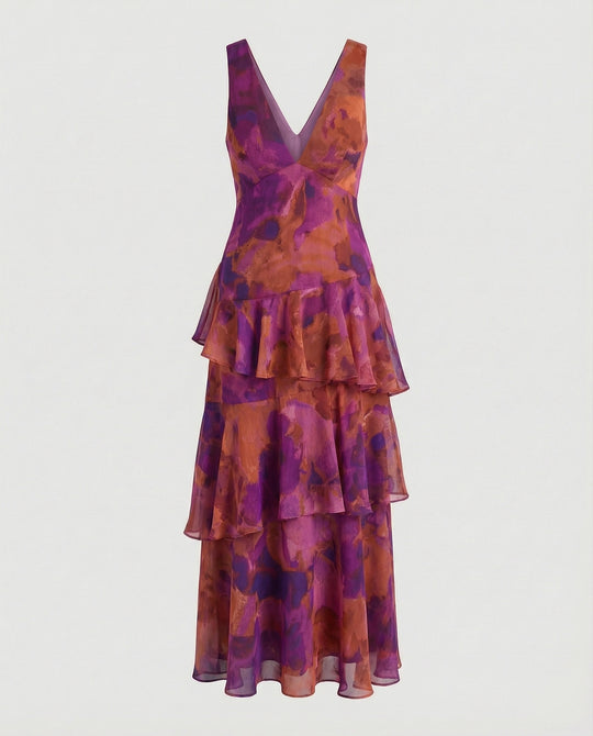 Maxikleid mit Rüschen und tiefem Ausschnitt