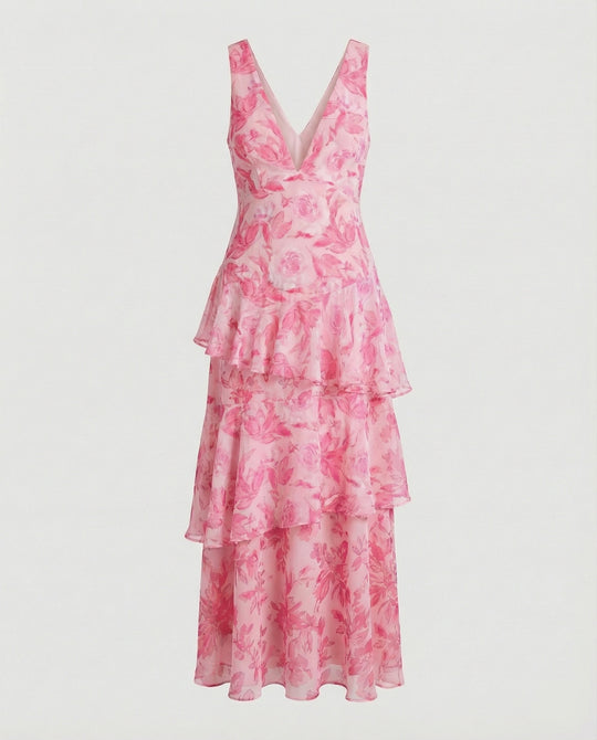 Maxikleid mit Rüschen und tiefem Ausschnitt