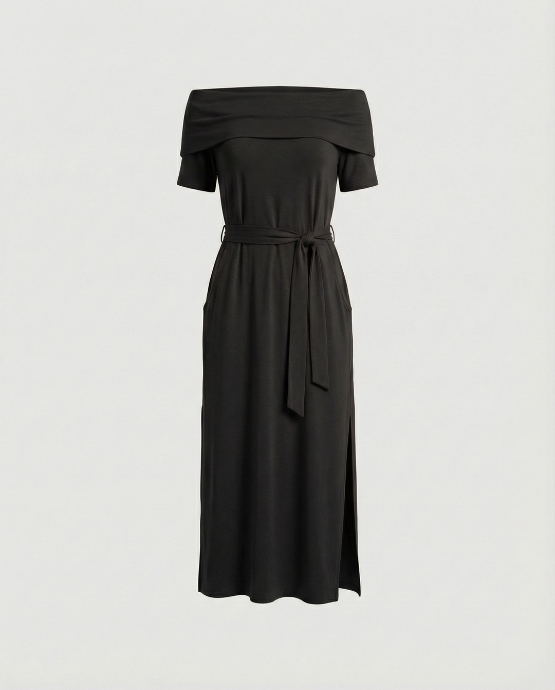 Damen Off-Shoulder Maxikleid mit Taillengürtel und seitlichem Schlitz R&B