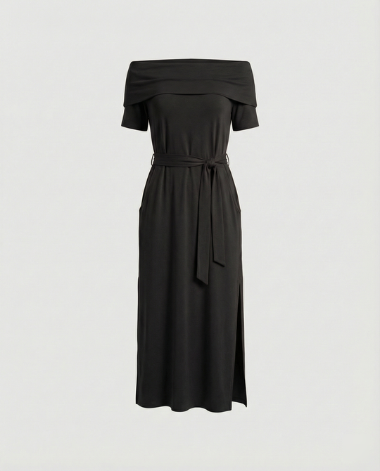 Damen Off-Shoulder Maxikleid mit Taillengürtel und seitlichem Schlitz R&B