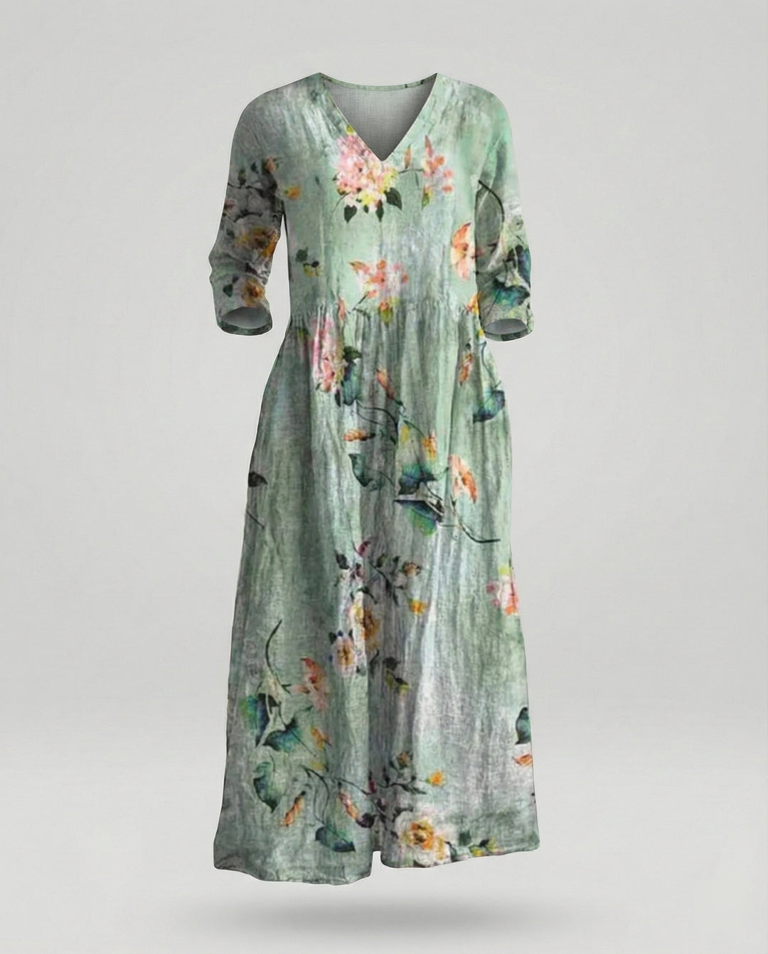 Damen Maxikleid Sommer Leinenoptik V-Ausschnitt