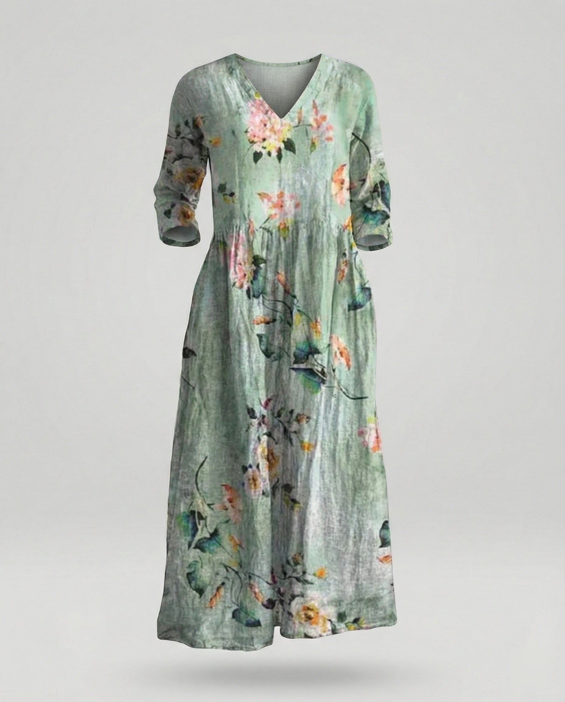 Damen Maxikleid Sommer Leinenoptik V-Ausschnitt
