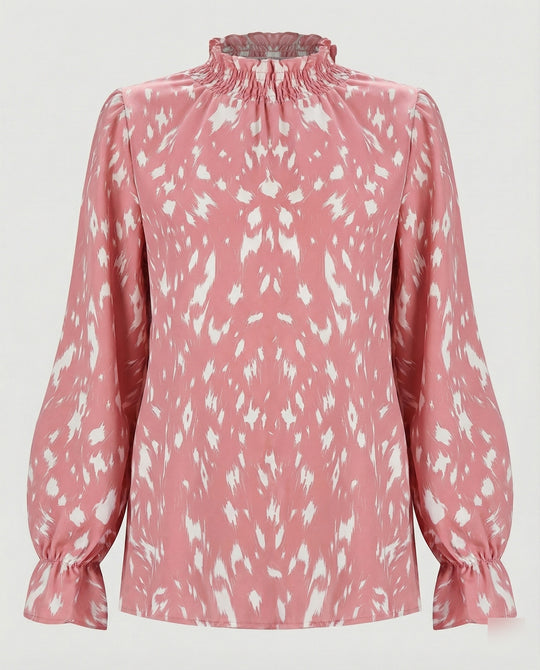 Damen elegante Bluse mit Rüschensaum und stilvollem Tiermuster R&B