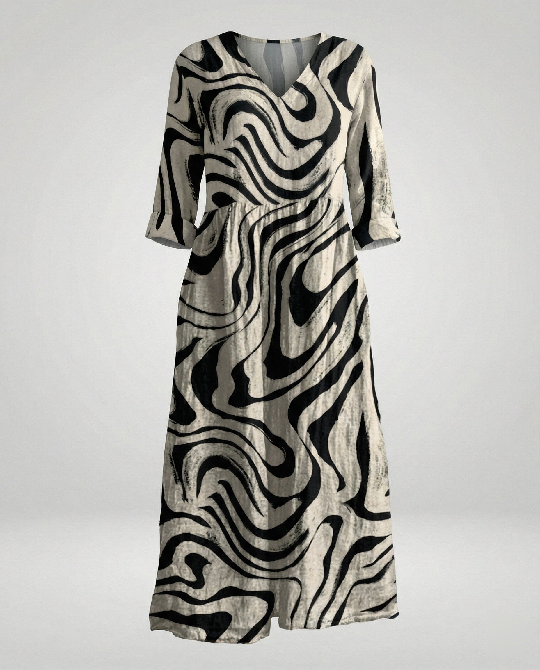 Damen Maxikleid Sommer Leinenoptik V-Ausschnitt