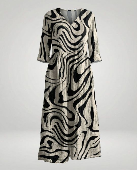 Damen Maxikleid Sommer Leinenoptik V-Ausschnitt