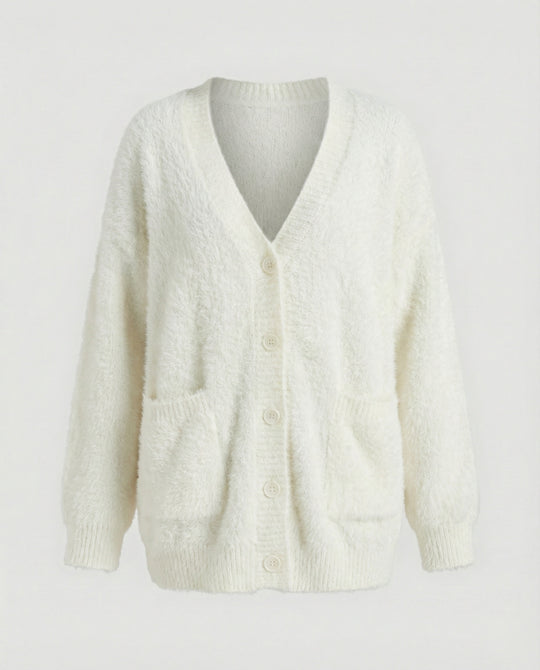 Strickjacke Damen flauschig mit tiefem V-Ausschnitt und Taschen