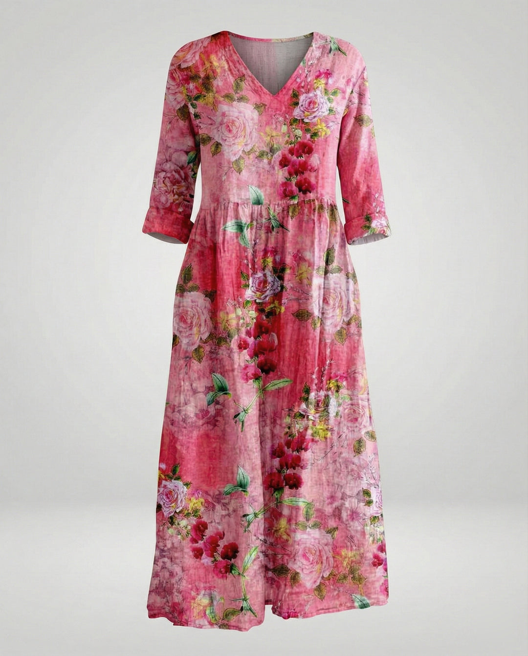 Damen Maxikleid Sommer Leinenoptik V-Ausschnitt