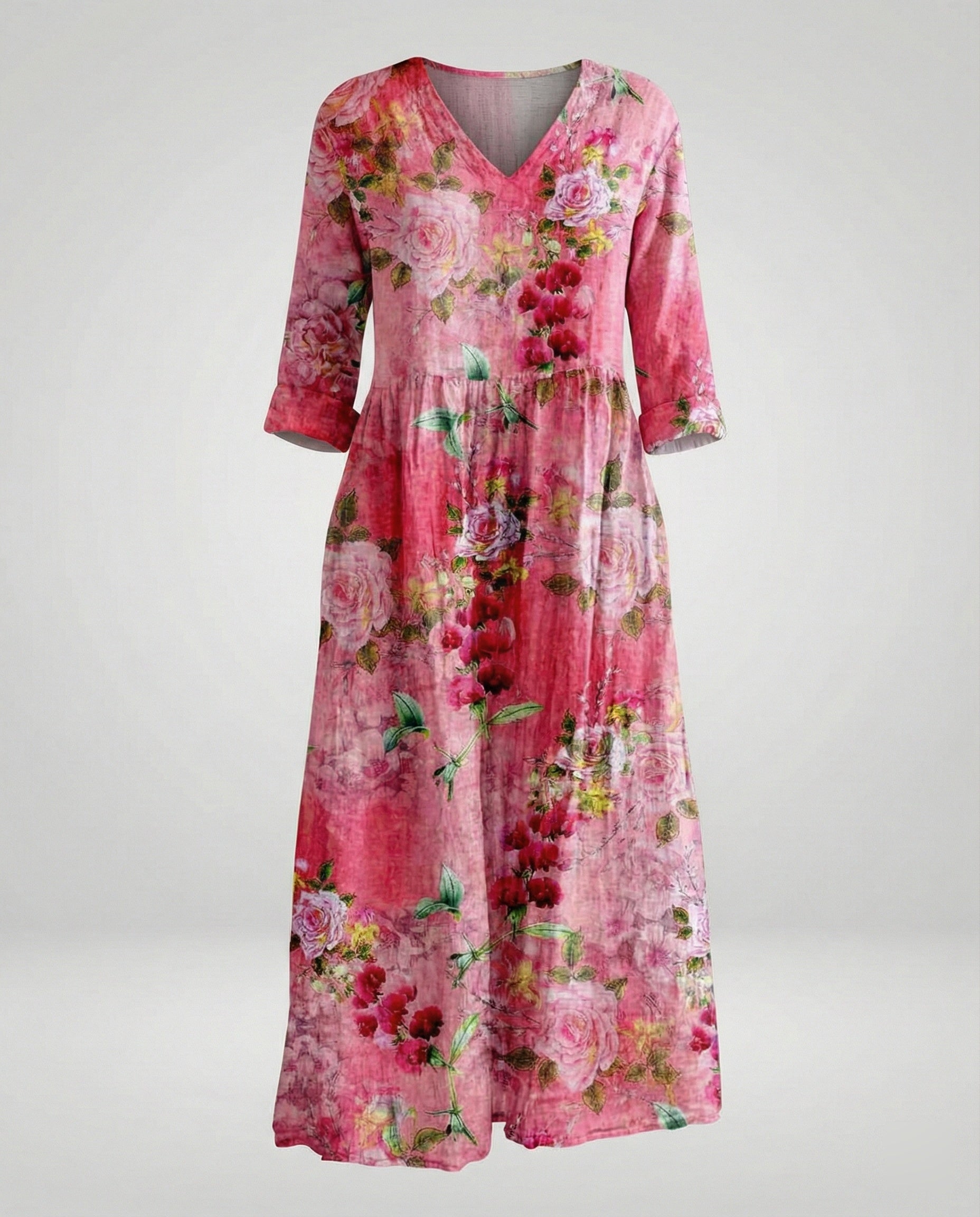 Damen Maxikleid Sommer Leinenoptik V-Ausschnitt