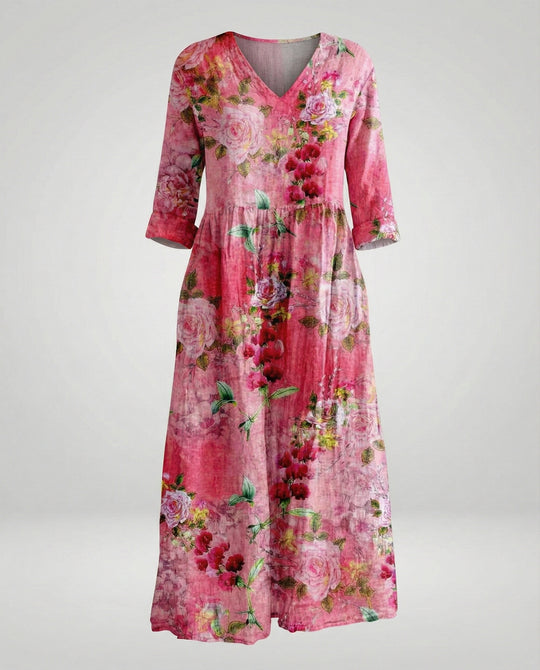 Damen Maxikleid Sommer Leinenoptik V-Ausschnitt