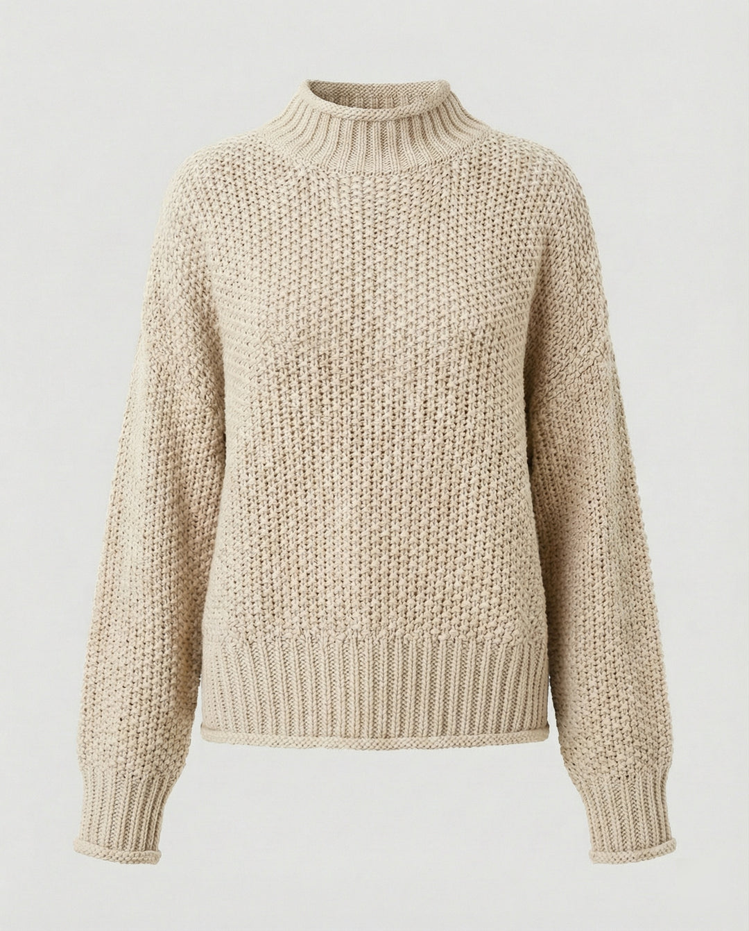 Damen kuscheliger Strickpullover mit hohem Kragen und weit geschnittenen Ärmeln R&B