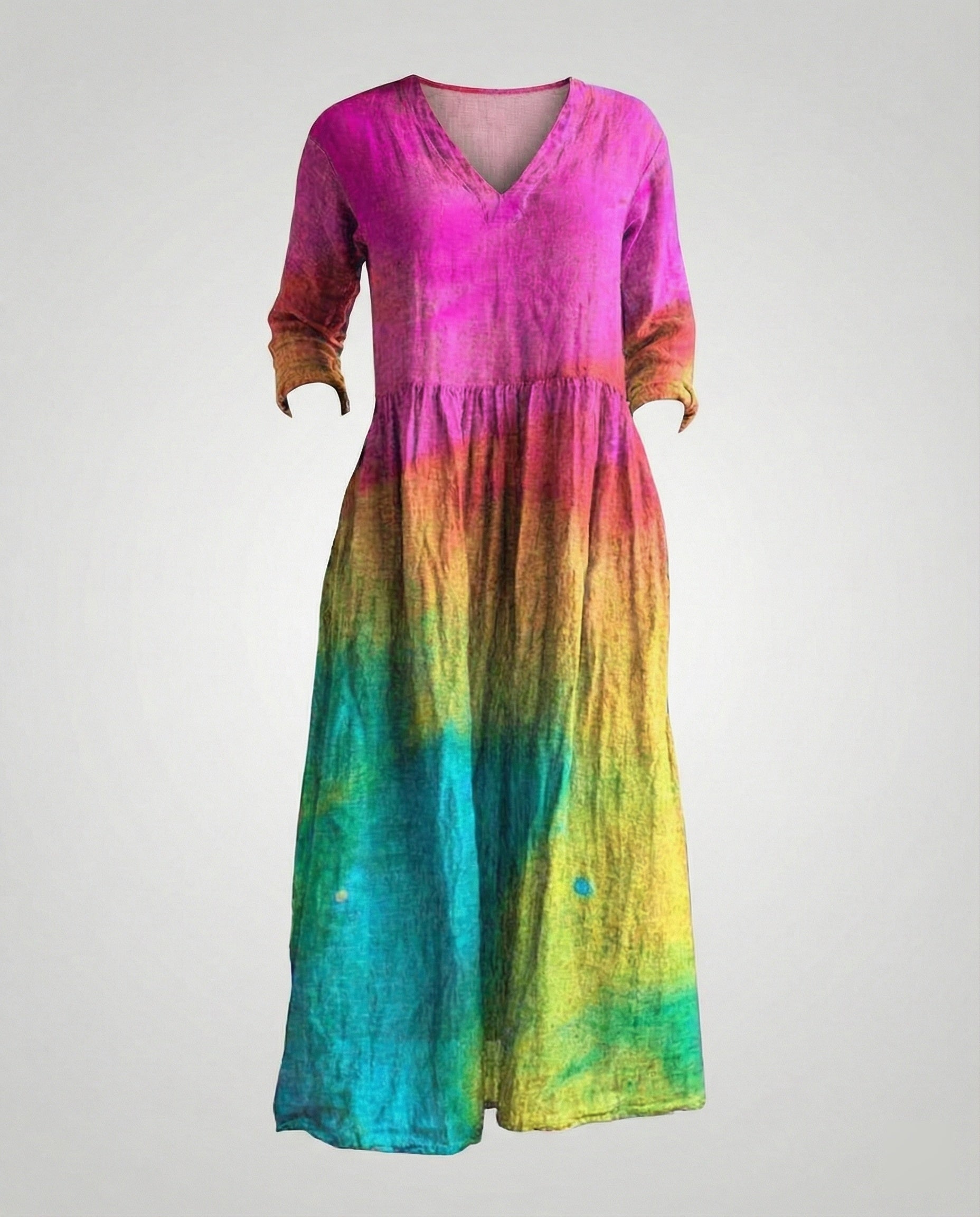 Damen Maxikleid Sommer Leinenoptik V-Ausschnitt